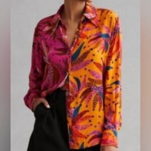 Farm Rio Button Down Blouse Top Macaw Scarf Printed RTR Anthropologie